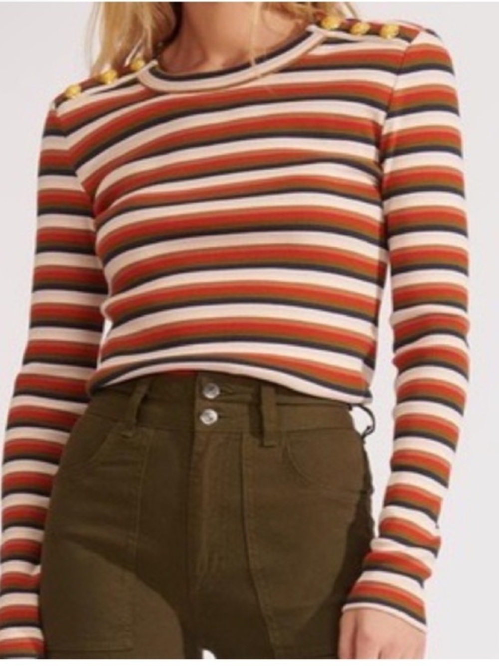 VERONICA BEARD “Mayer” Striped Sweater Long Sleeve Knit Gold Crest Buttons 3X 2X